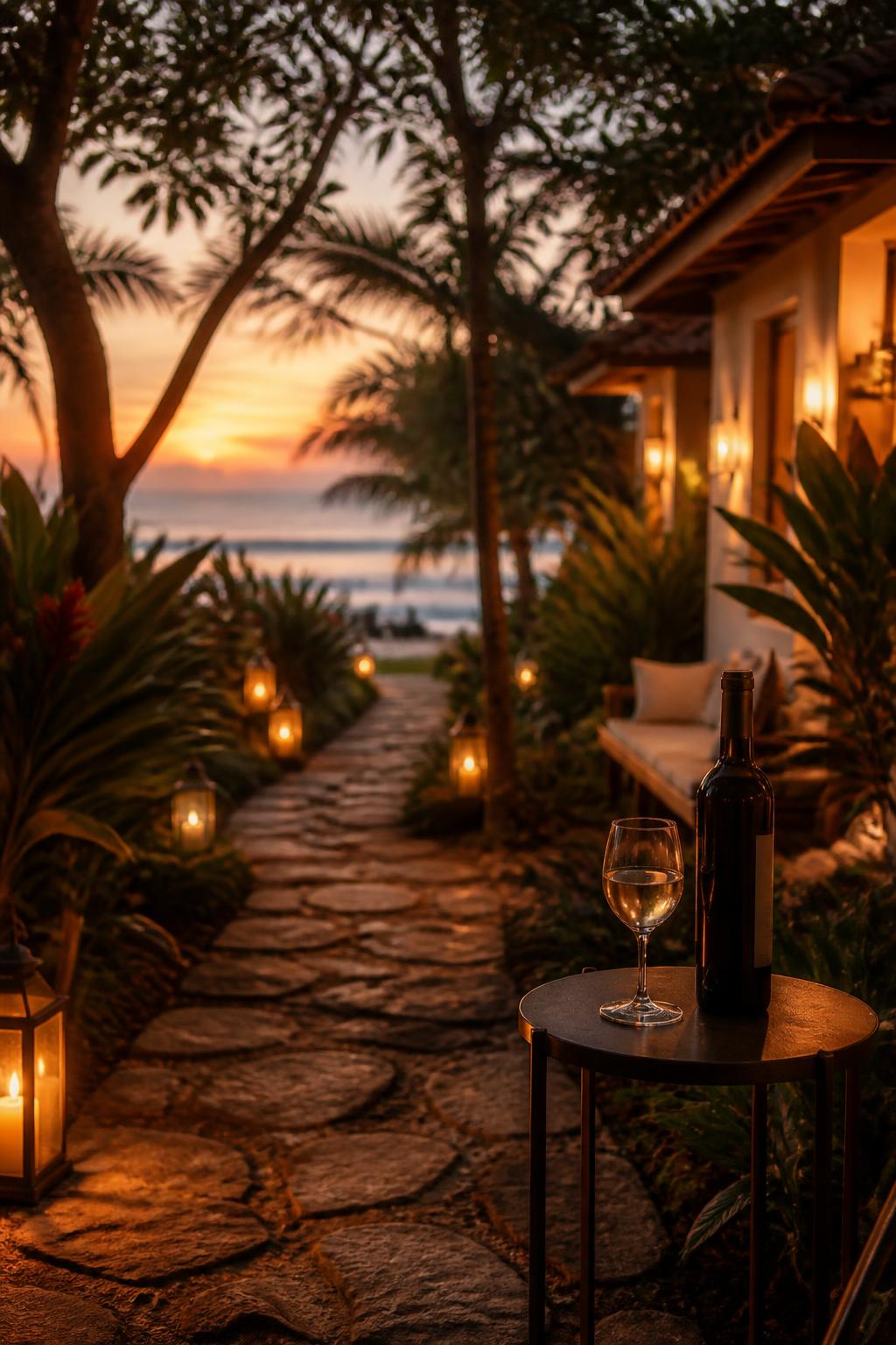 Jardín del hotel al anochecer con copa de vino
